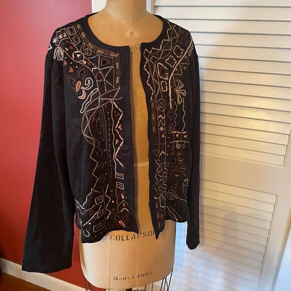 CHICO’S | black jacket open front tribal print size 3 or L - Picture 1 of 6